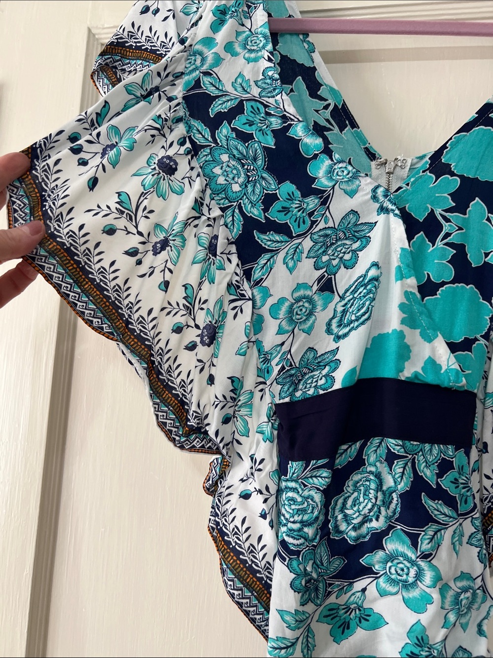 Lulumari Teal and Navy Floral One-Shoulder Tie-Waist top
